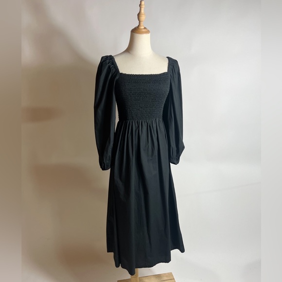 J CREW Smocked Puff Sleeve Black Cotton Poplin Midi Dress Womens Small - Picture 2 of 10